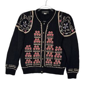 1990s South Wool Hand Loomed Virgin Wool Embellished Cardigan S-M